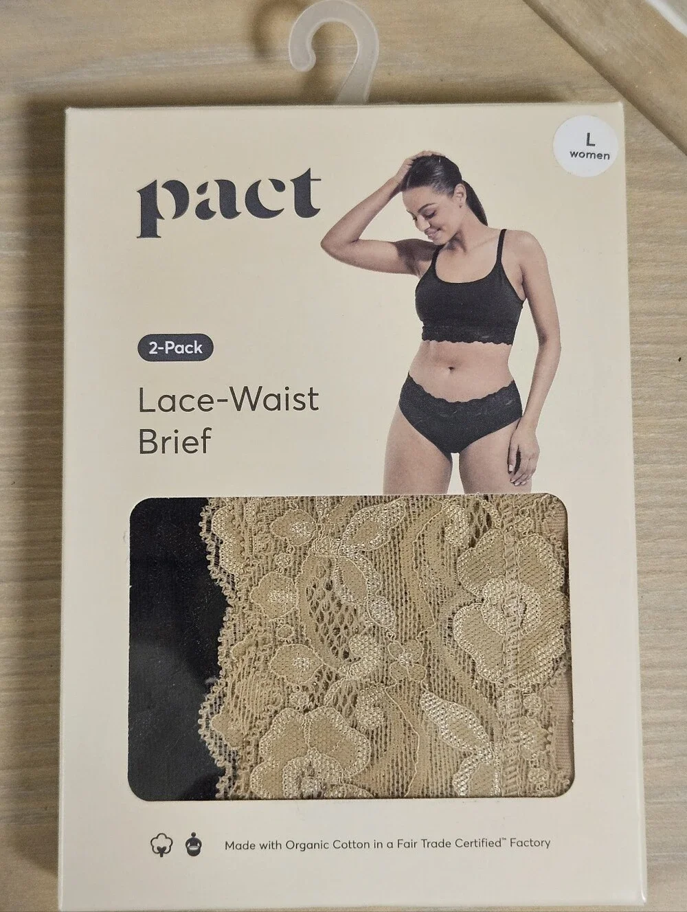 2 Pack Pact Women's Organic Cotton Lace Waist Brief LARGE Black/Pedal Patch NIB - Picture 4 of 5